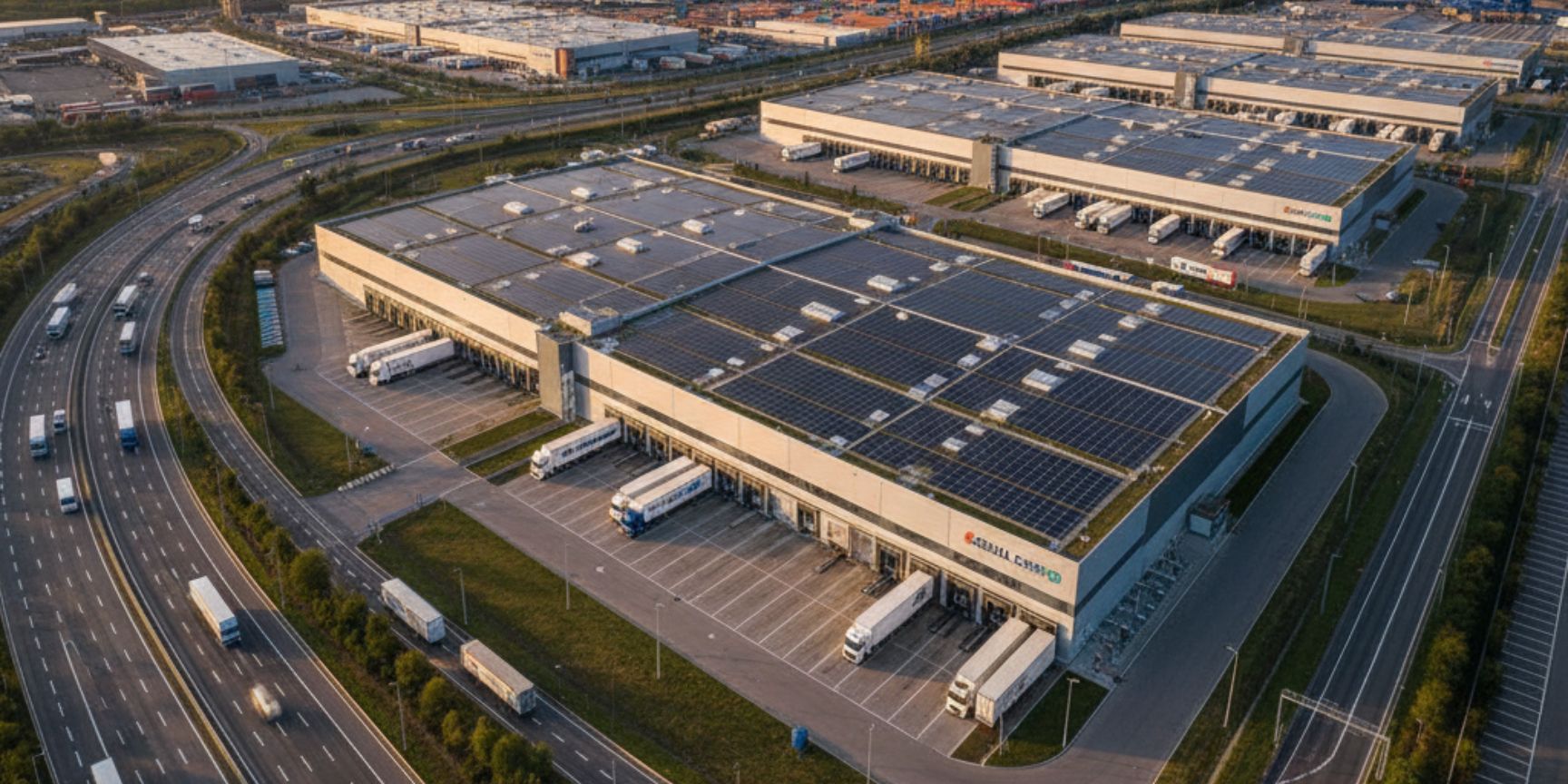 Luftaufnahme eines modernen Gewerbeparks bei Sonnenuntergang, mit mehreren großen Logistikhallen, die mit Solarpaneelen auf den Dächern ausgestattet sind. Zahlreiche Lastwagen stehen an den Laderampen, und eine gut ausgebaute Autobahnanschlussstelle führt direkt in den Park. Im Hintergrund sind weitere Industrieanlagen und ein Hafen erkennbar, was die Bedeutung der Verkehrsanbindung für die Lagerlogistik unterstreicht.